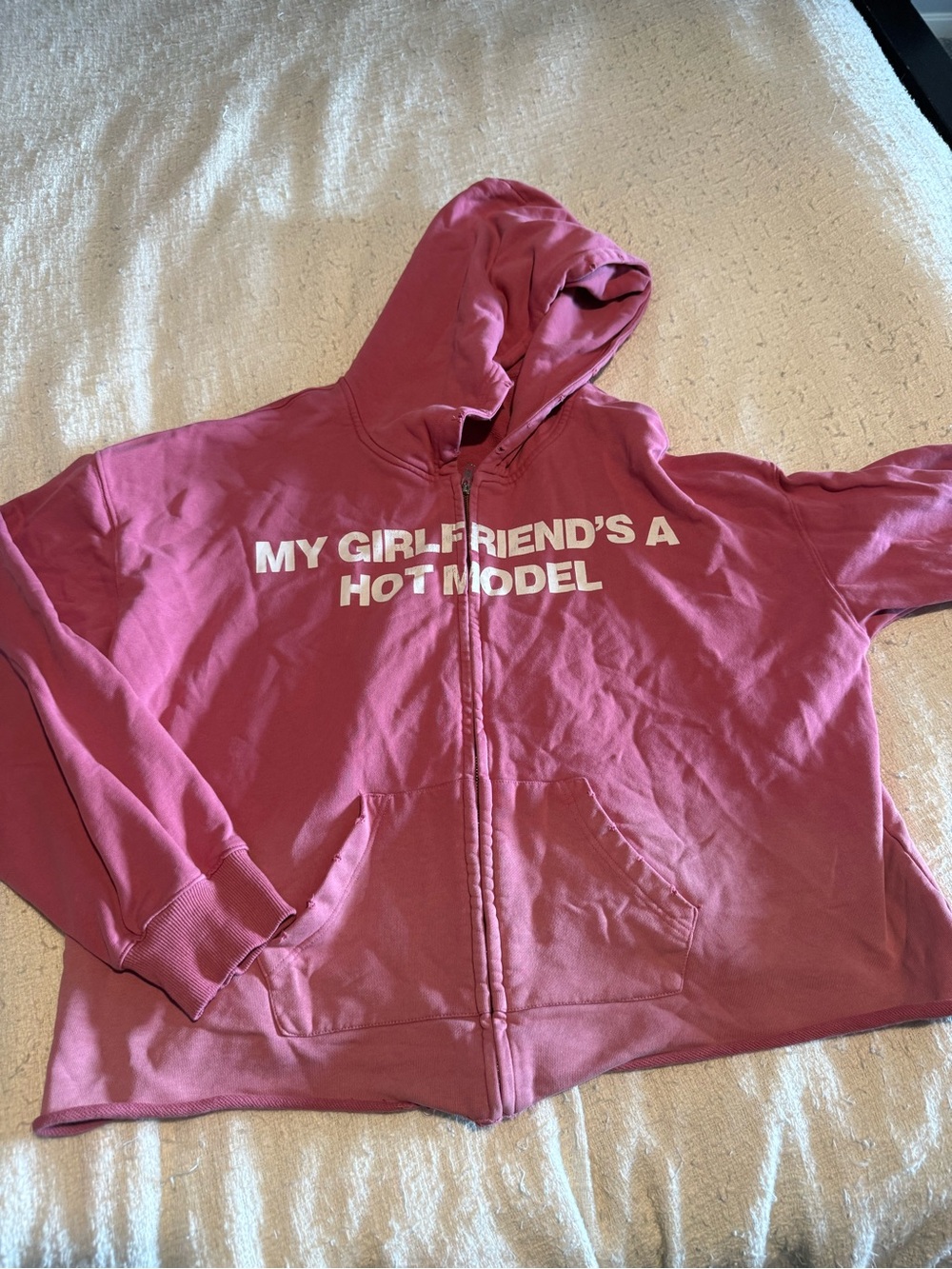 Men’s Pink Zip-Up Hoodie with 'My Girlfriend's a Hot Model' Graphic